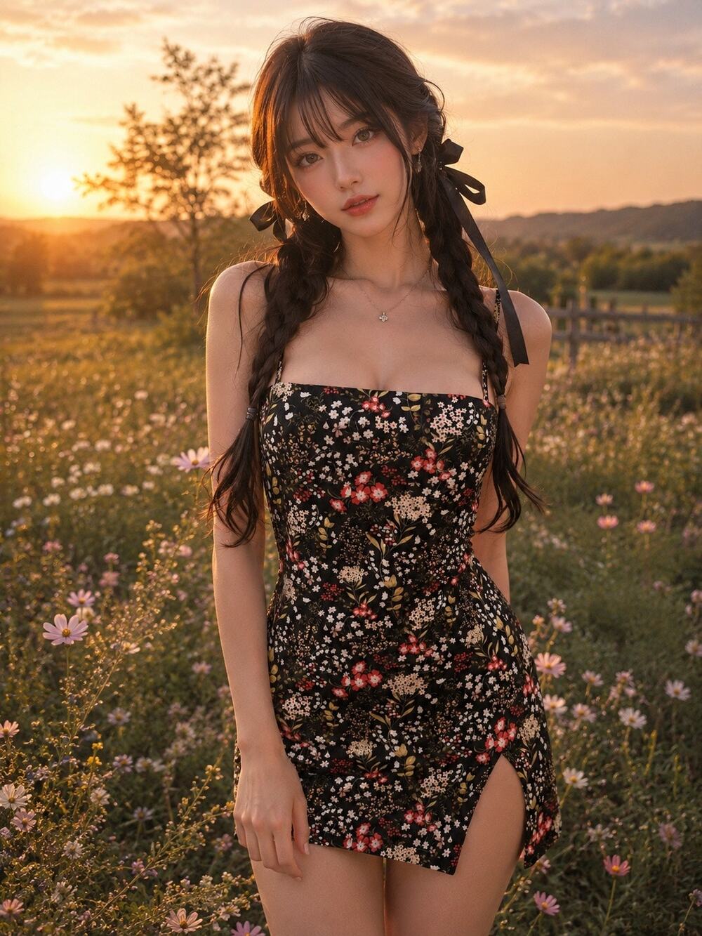 Wrapped in Satin + Starlight silky thigh slit midnight meadowcore mini dress